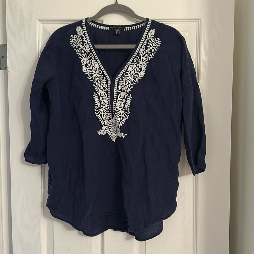 Saks Fifth Avenue Sz S 100% Linen Navy blue tunic
